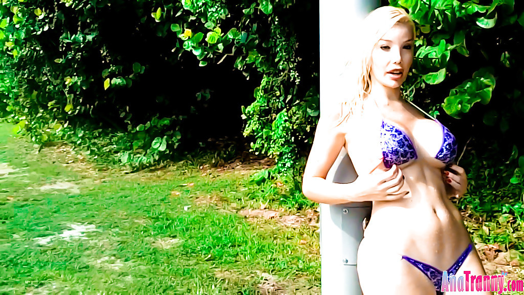 Busty Blonde Ladyboy Ana Mancini Stripping Off Bikini Outside
