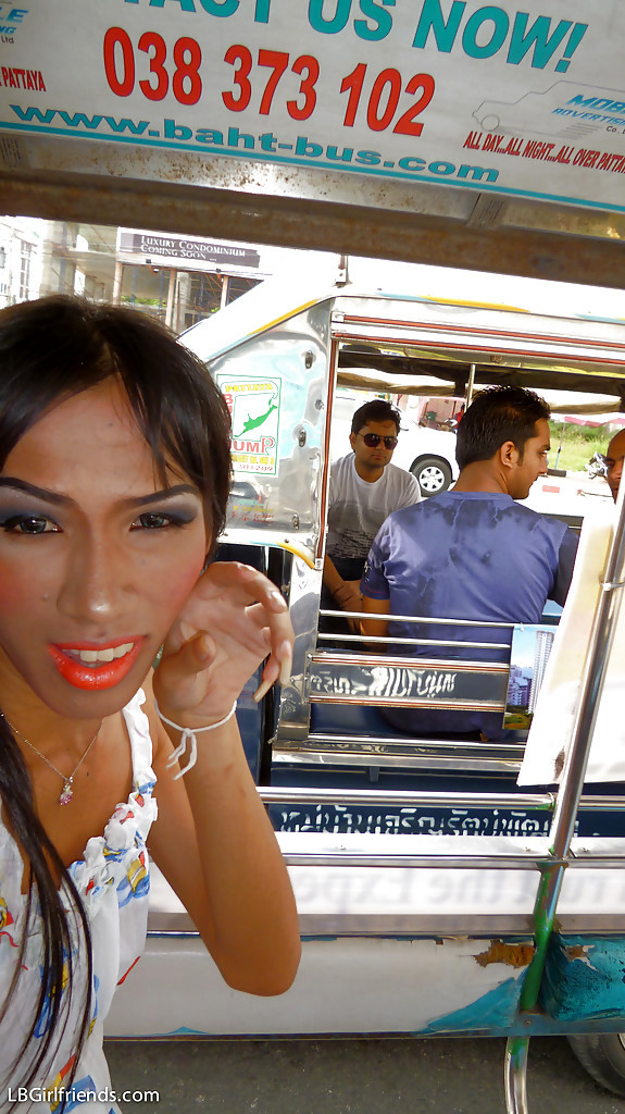 Slim Brunette Thai Transexual Happy Jerking In Public